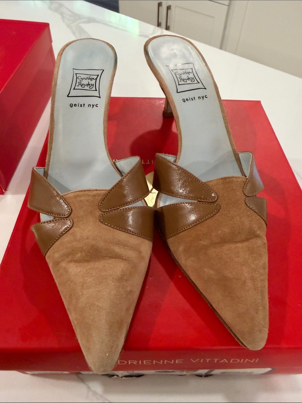 Cynthia Rowley Tan Suede Pointed Mule with Brown Leather Accents